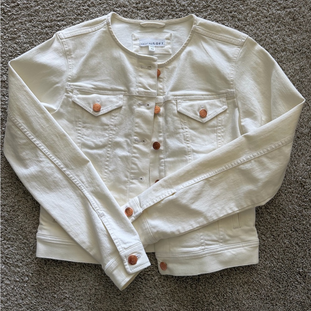 LOFT Cream Collarless Jean Jacket with Copper-Tone Buttons